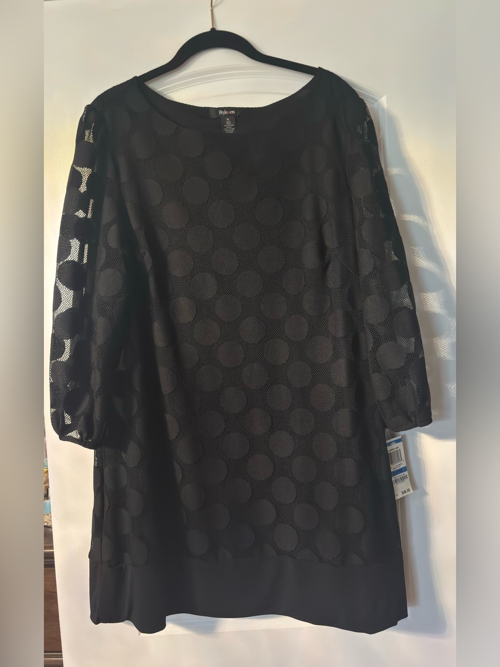 Style & Co. Black Polka Dot Mesh Shift Dress with Sheer Sleeves
